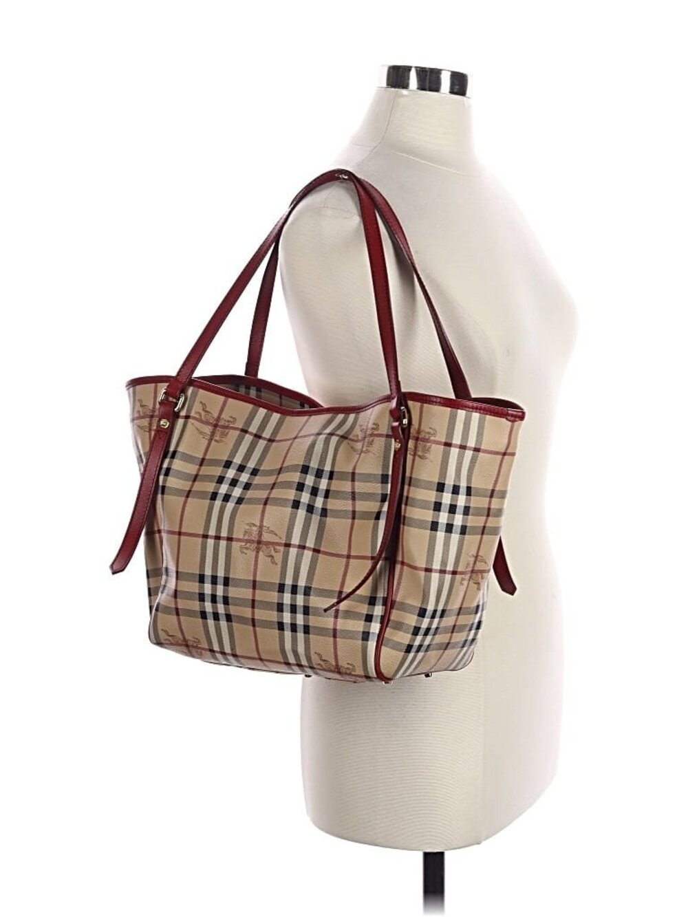Burberry Red Leather Haymarket Check Coated Canvas Canterbury Tote Bag